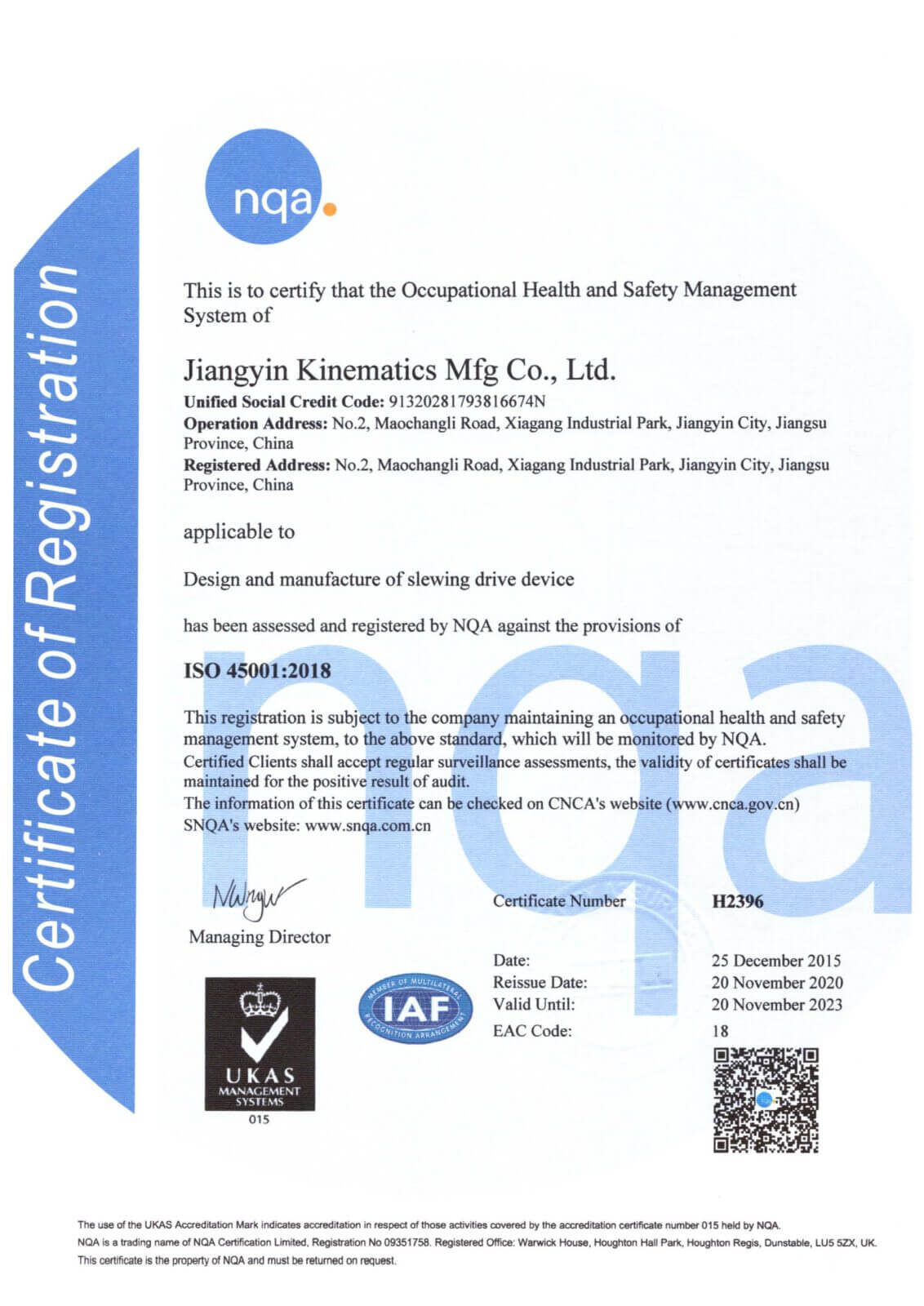 Certificate ISO 9001 - Kinematics